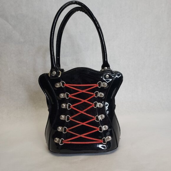 Vintage Roebuck Corset Purse Vinyl Lace up HandBag Black Red Metal Loops Zip Top - Picture 1 of 16